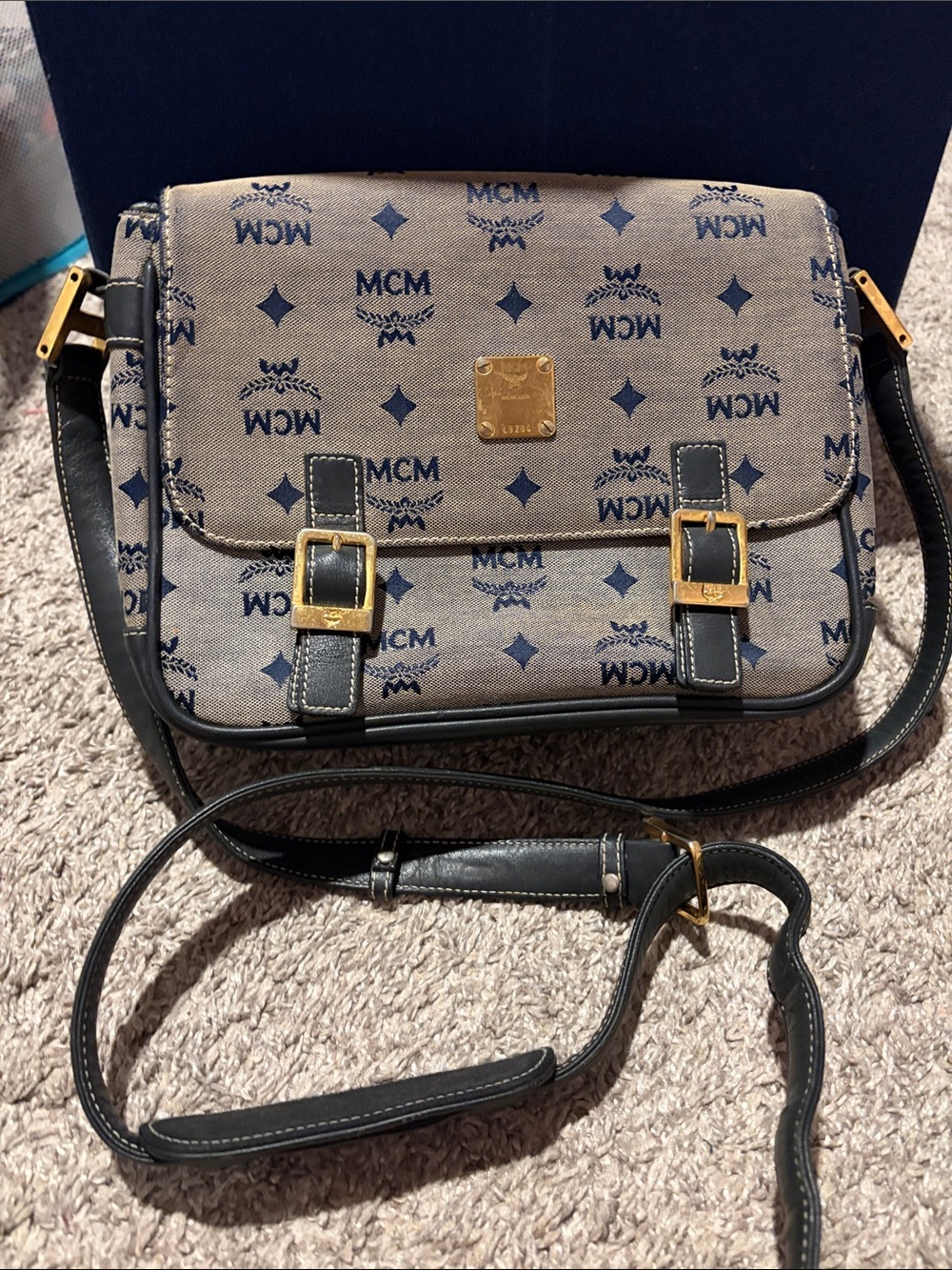 MCM Beige Canvas Logo Crossbody with Black Trim and Gold Hardware